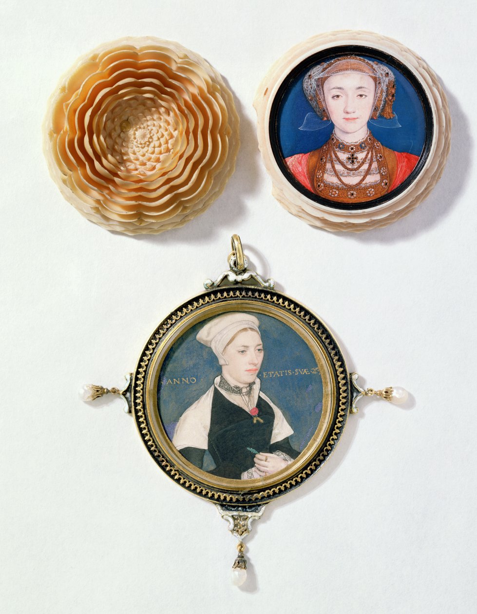 安妮的Cleves（上），1539（wc on vellum）和Jane Small，前身为Robert Pemberton夫人（下），c.1540（wc on vellum挂在扑克牌上） 作者 小汉斯·霍尔拜因