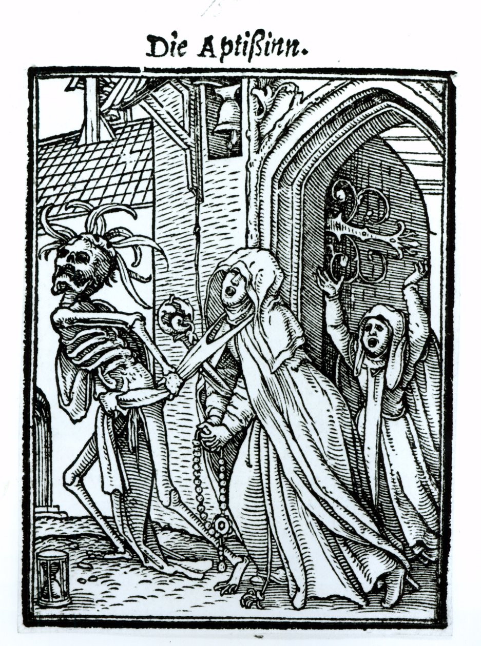 来自“死亡之舞”的死亡和修道士，由Hans Lutzelburger雕刻，第1538页 作者 小汉斯·霍尔拜因