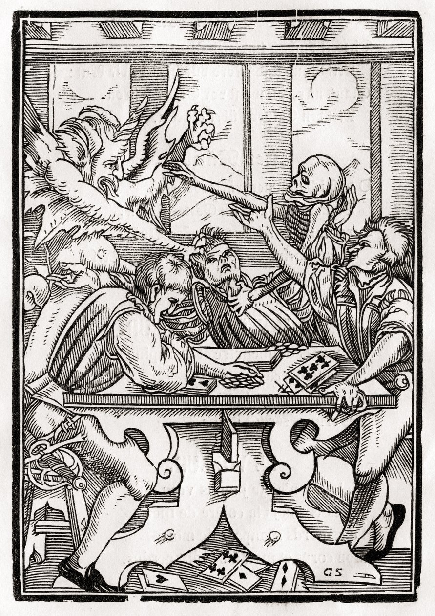 死亡和魔鬼来自卡尔播放器，由Georg Scharffenberg雕刻，来自&39;Der Todten Tanz&39;，1843年出版巴塞尔 作者 小汉斯·霍尔拜因