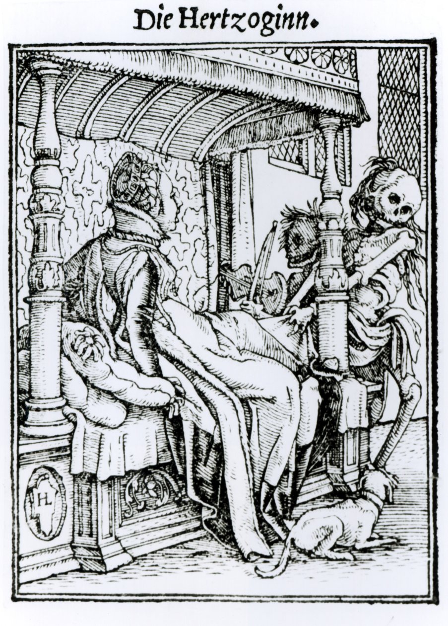 来自“死亡之舞”的死神与女士，由Hans Lutzelburger刻，1538年 作者 小汉斯·霍尔拜因