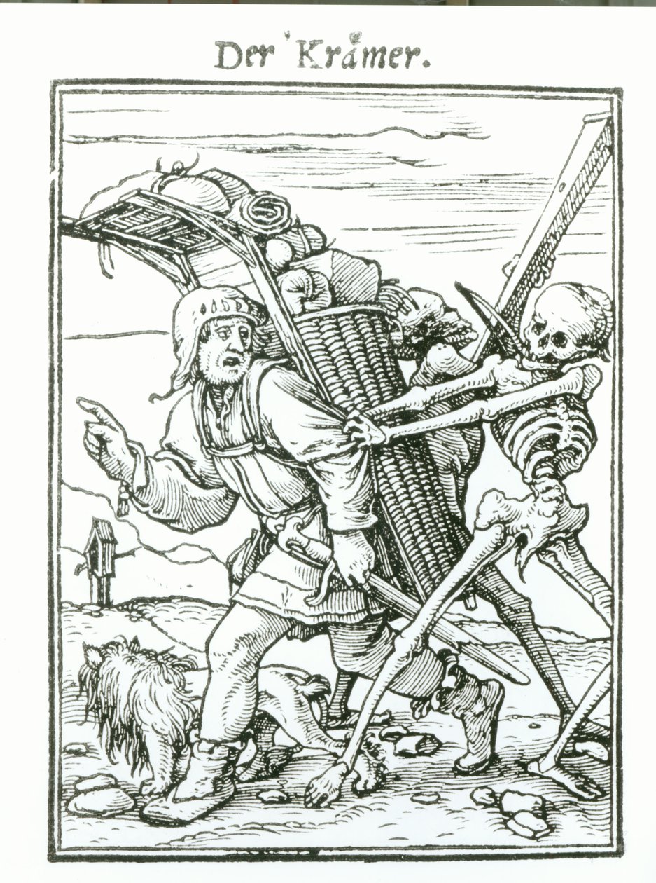 来自“死亡之舞”的死亡和Pedlar，由Hans Luutzelburger雕刻，第1538页 作者 小汉斯·霍尔拜因