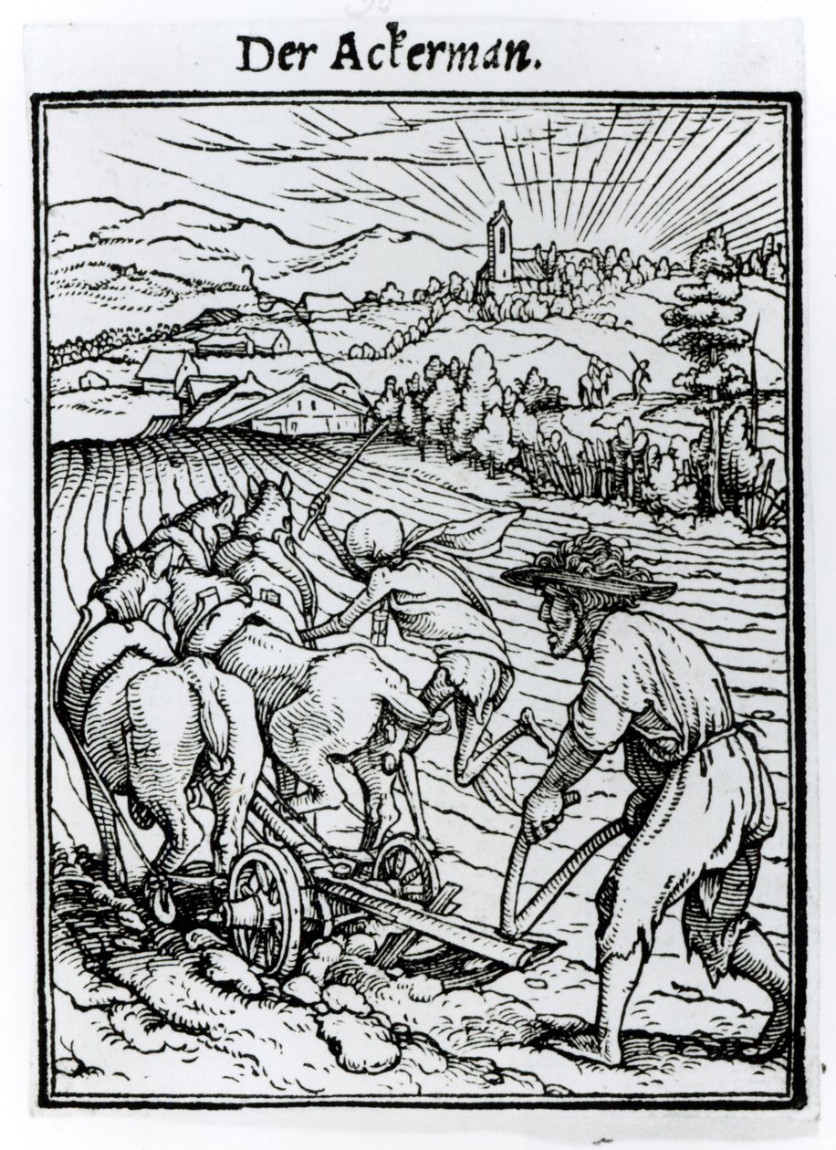 Death and the Ploughman，来自&39;The Death of Death，由Hans Lutzelburger雕刻，第1538页 作者 小汉斯·霍尔拜因