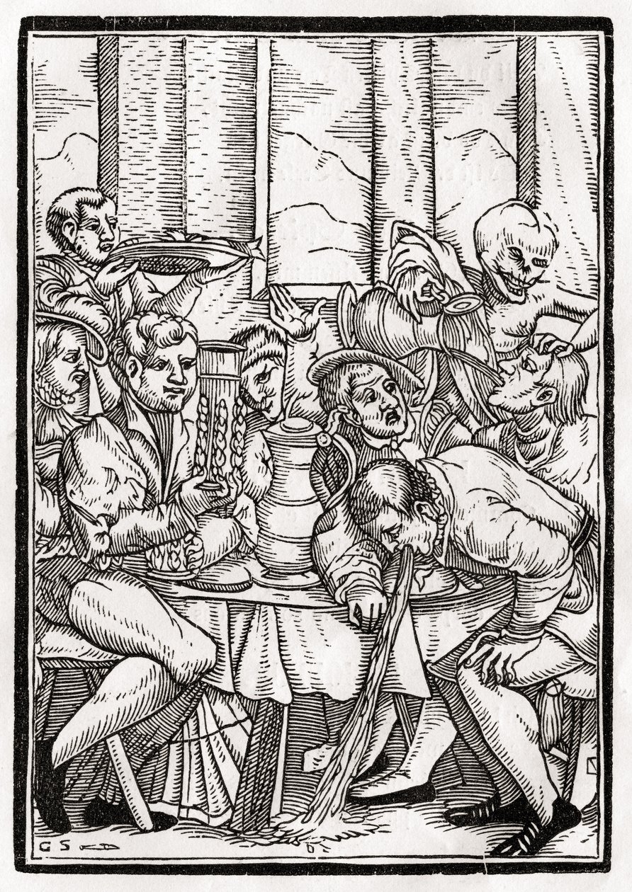 1843年巴塞尔出版的“Der Todten Tanz”中，由Georg Scharffenberg雕刻的醉汉来到死神。 作者 小汉斯·霍尔拜因