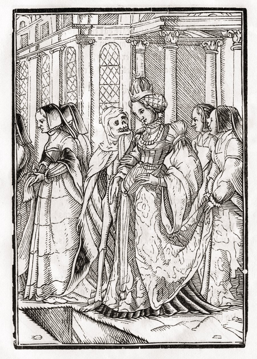 死亡来自皇后，由Georg Scharffenberg雕刻，来自&39;Der Todten Tanz&39;，1843年出版巴塞尔（版画） 作者 小汉斯·霍尔拜因