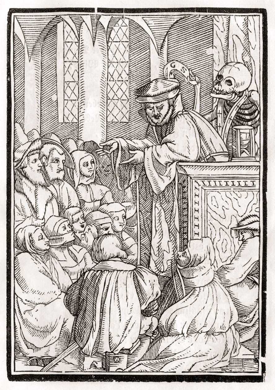 1843年巴塞尔出版的“Der Todten Tanz”中由Georg Scharffenberg雕刻的传教士死亡 作者 小汉斯·霍尔拜因