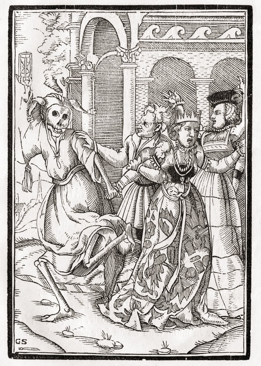 女王死亡，由乔治·沙芬伯格（Georg Scharffenberg）雕刻而成，来自1843年巴塞尔出版的“Der Todten Tanz” 作者 小汉斯·霍尔拜因