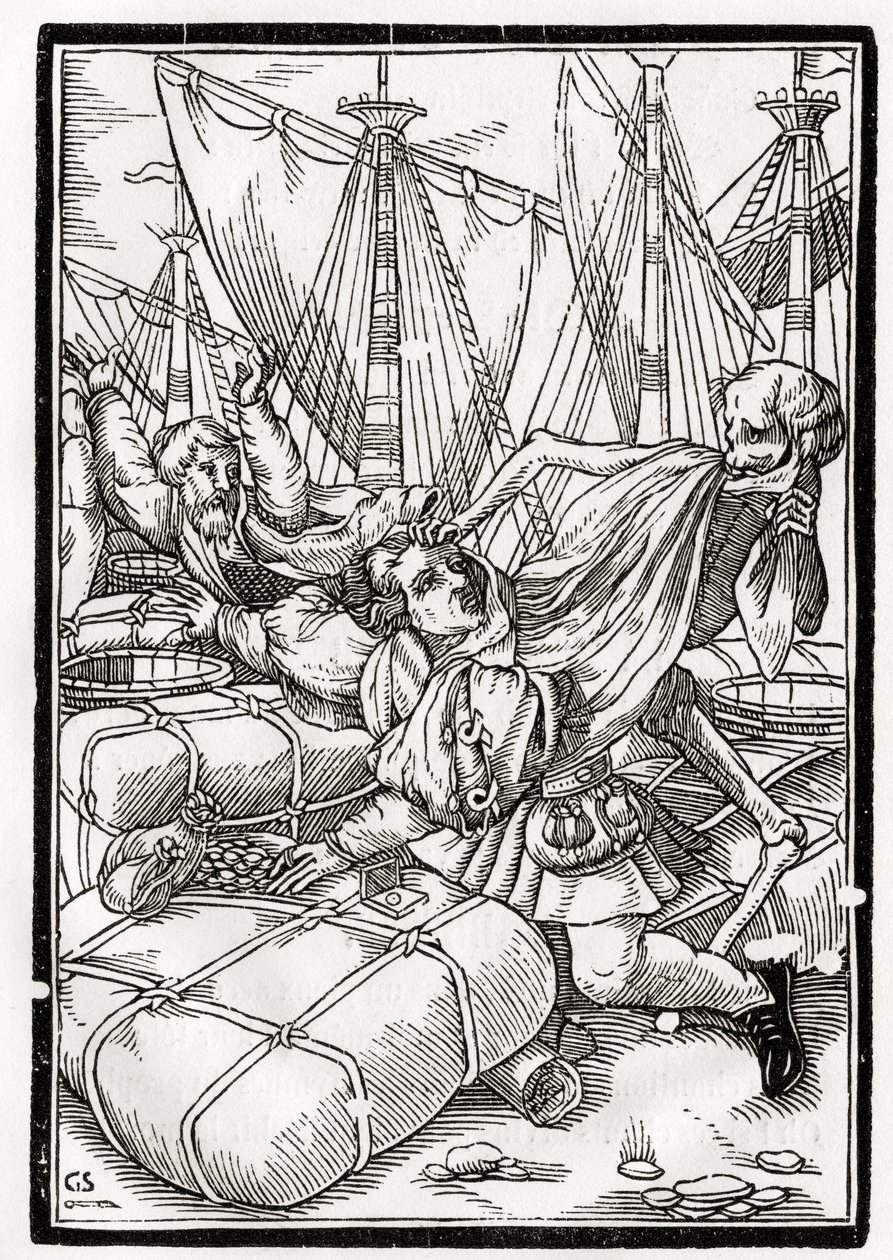 死亡来自商人，由Georg Scharffenberg雕刻，来自&39;Der Todten Tanz&39;，1843年出版巴塞尔 作者 小汉斯·霍尔拜因