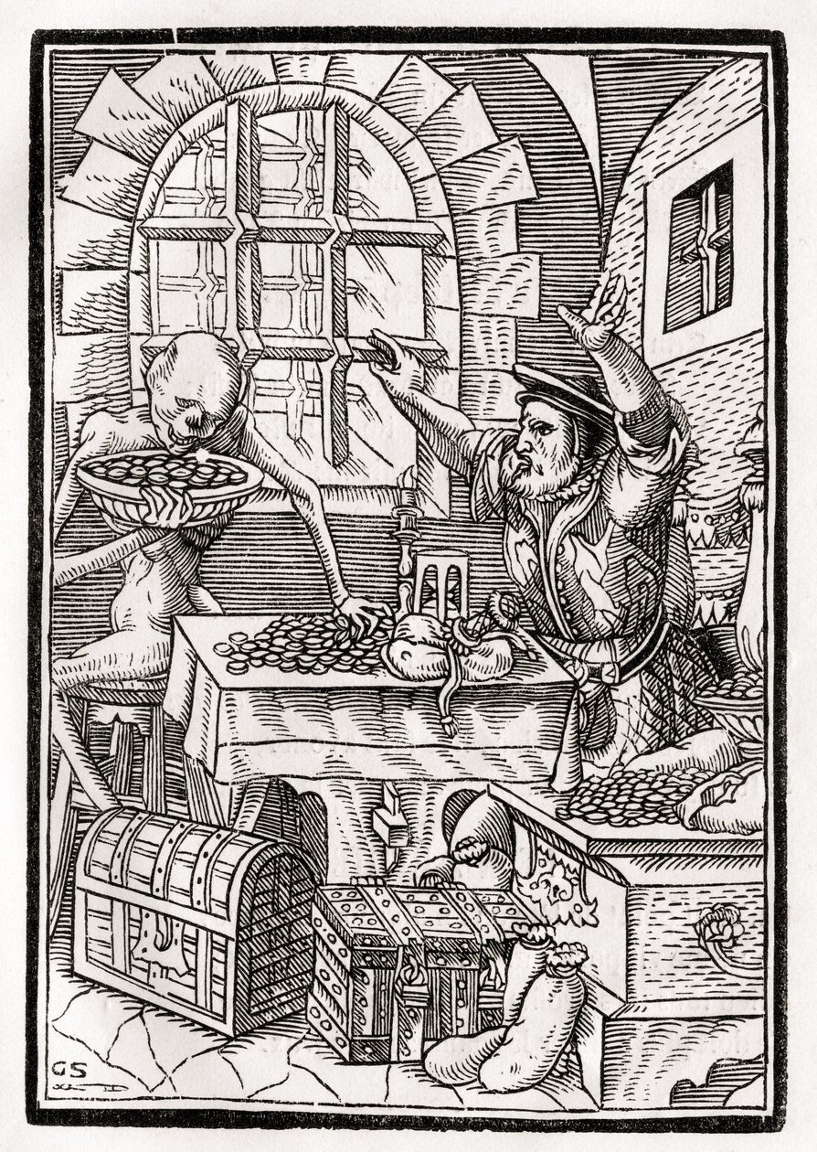 死亡来自Miser或Usurer，由Georg Scharffenberg雕刻，来自&39;Der Todten Tanz&39;，1843年出版巴塞尔 作者 小汉斯·霍尔拜因