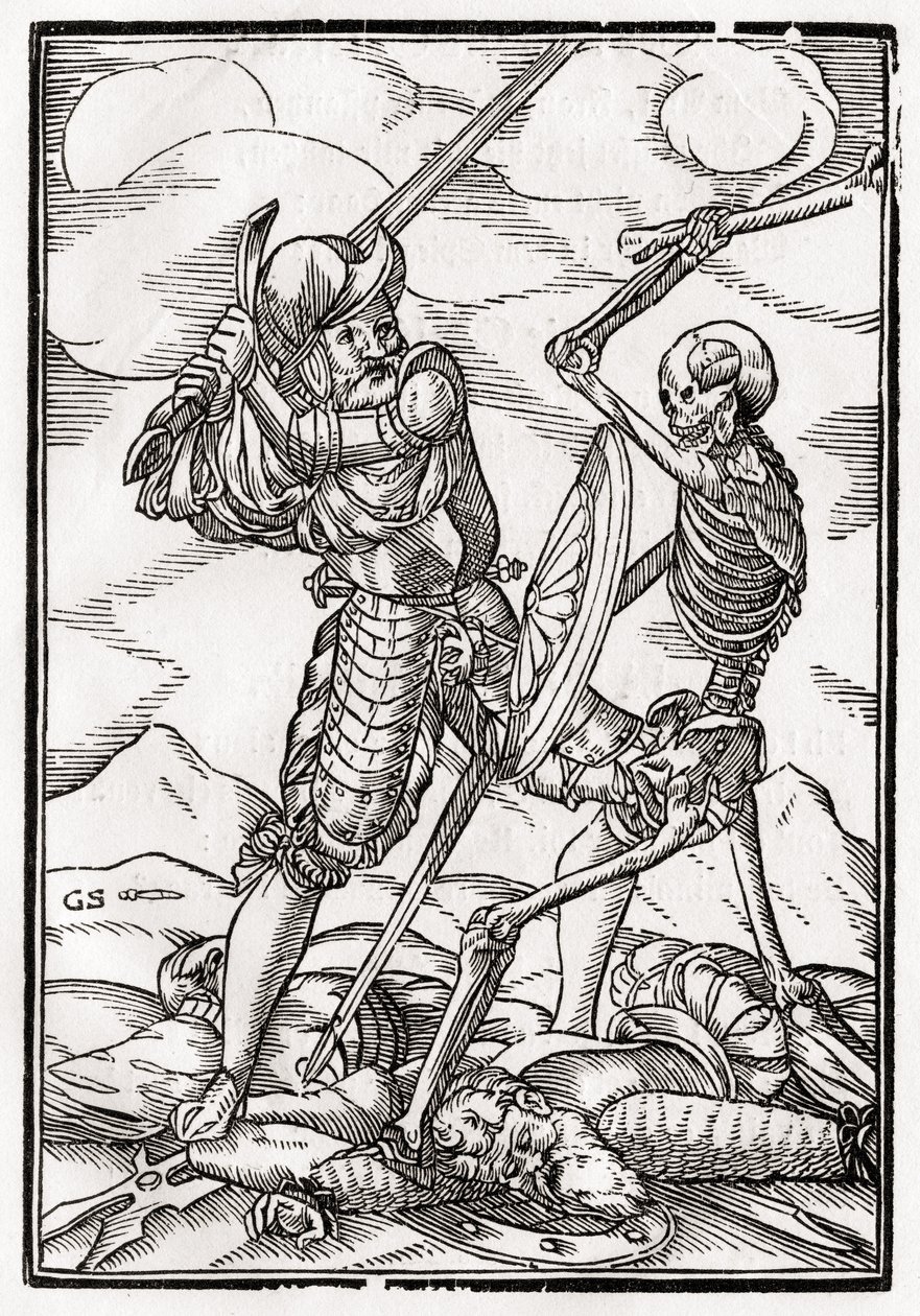 死亡来自于战士，由Georg Scharffenberg雕刻，来自&39;Der Todten Tanz&39;，1843年出版巴塞尔 作者 小汉斯·霍尔拜因