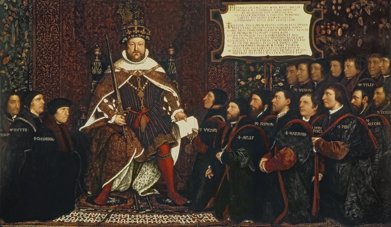 亨利八世将章程交给Thomas Vicary，纪念1541年加入理发师和外科医生行会 作者 小汉斯·霍尔拜因