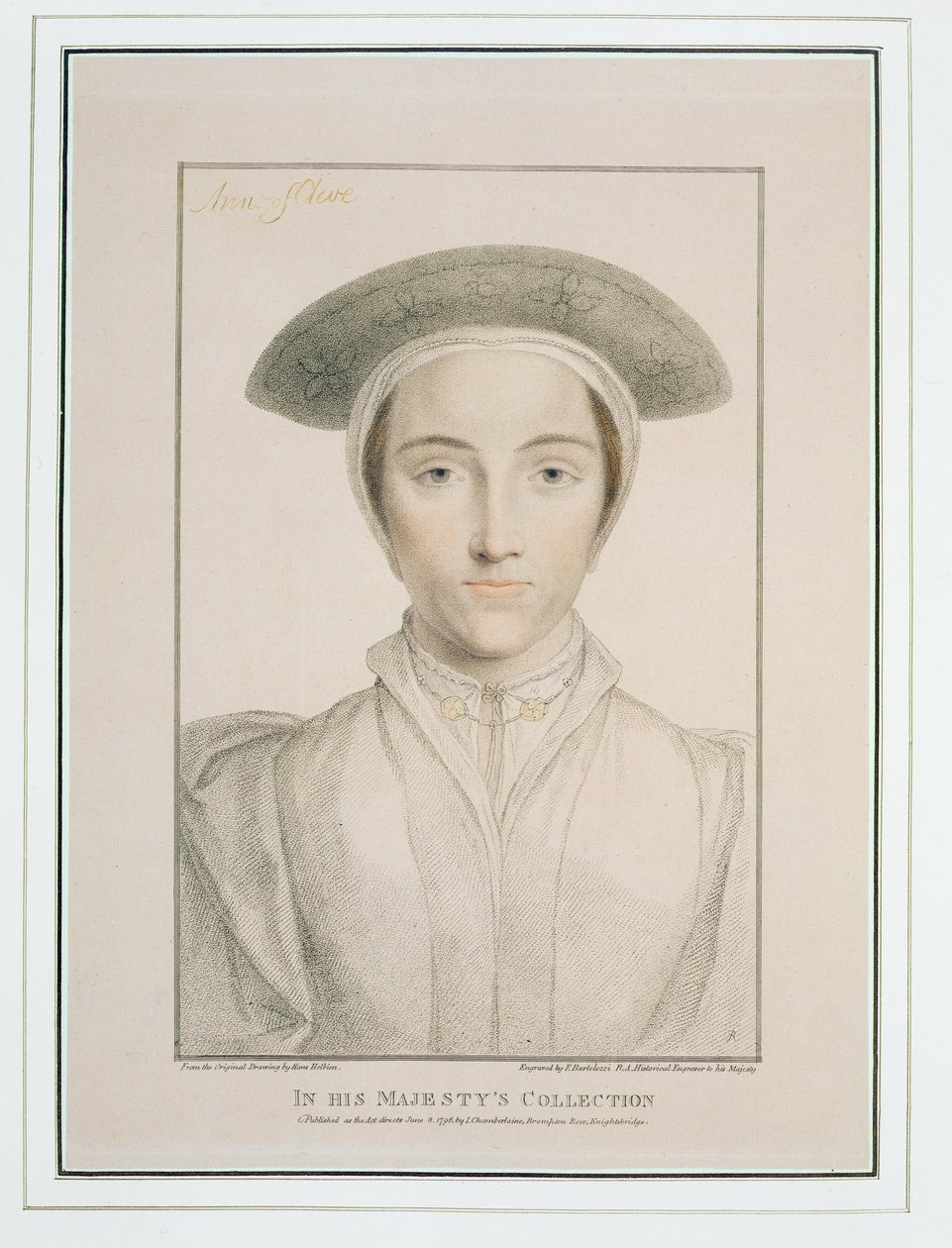克利夫斯女王安妮的肖像（1515-57）由Francesco Bartolozzi（1727-1815）出版，1796年出版 作者 小汉斯·霍尔拜因