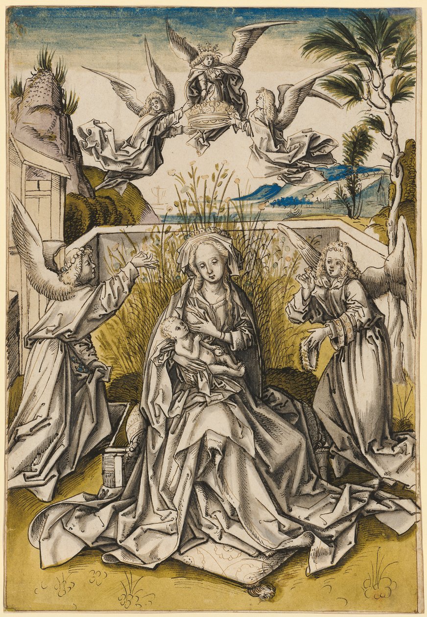 麦当娜和天使在风景，c.1500 作者 汉斯·霍尔拜恩