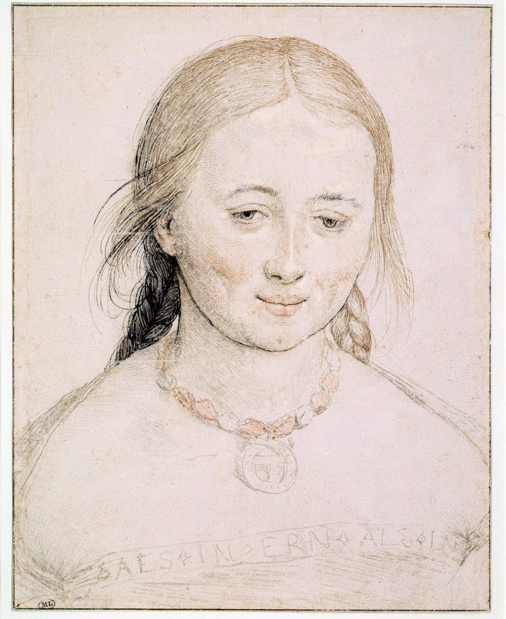 年轻女子的头部 16 世纪老汉斯·霍尔拜因（Hans Holbein）（1460-1524 年）在金属、钢笔和血液的尖端绘图。 0,19x0,15 m 巴黎，卢浮宫 作者 汉斯·霍尔拜恩