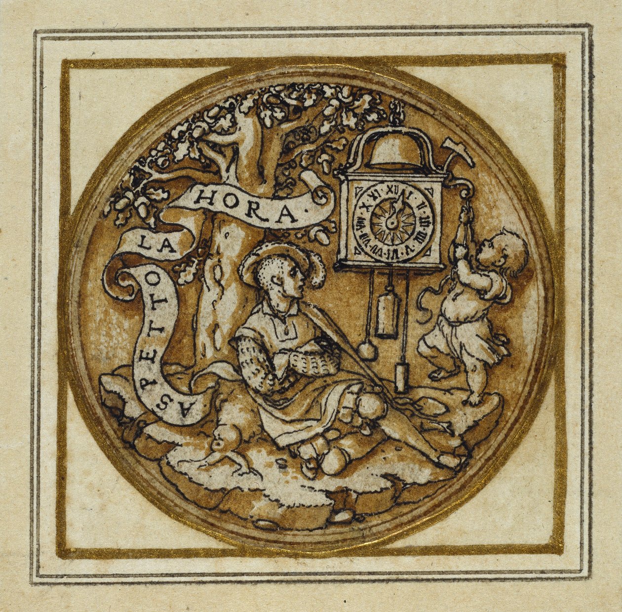 时间寓言 - 设计吊坠或帽子徽章，c.1532-43（纸上笔墨） 作者 小汉斯·霍尔拜因