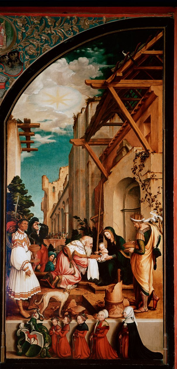 祭坛画奥伯里德：“贤士的崇拜”” 年轻的汉斯·霍尔拜因 (1497/8-1543) 1521-1522 年在木头上的 Detrempe。 231x109 厘米瑞士弗里堡大教堂 作者 小汉斯·霍尔拜因