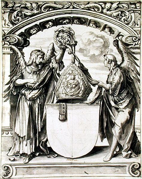 玻璃画的设计，约1520年（纸上用黑色粉笔的钢笔和灰水）。 作者 小汉斯·霍尔拜因