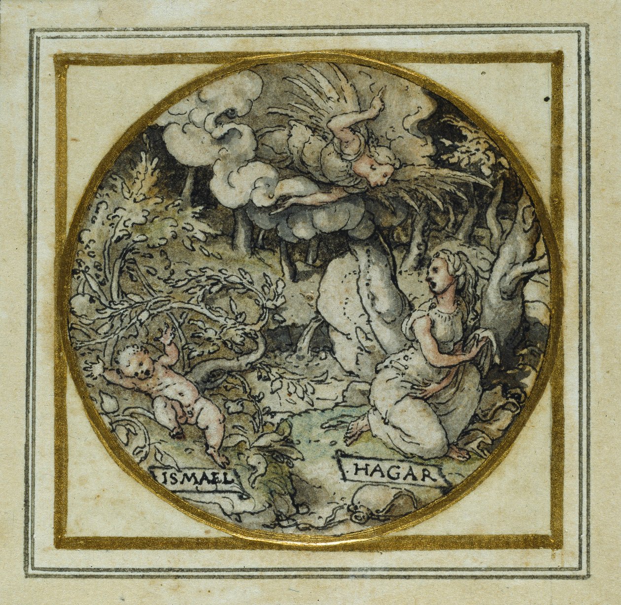 夏甲和以实玛利 - 设计吊坠或帽子徽章，c.1532-43（纸上笔墨） 作者 小汉斯·霍尔拜因