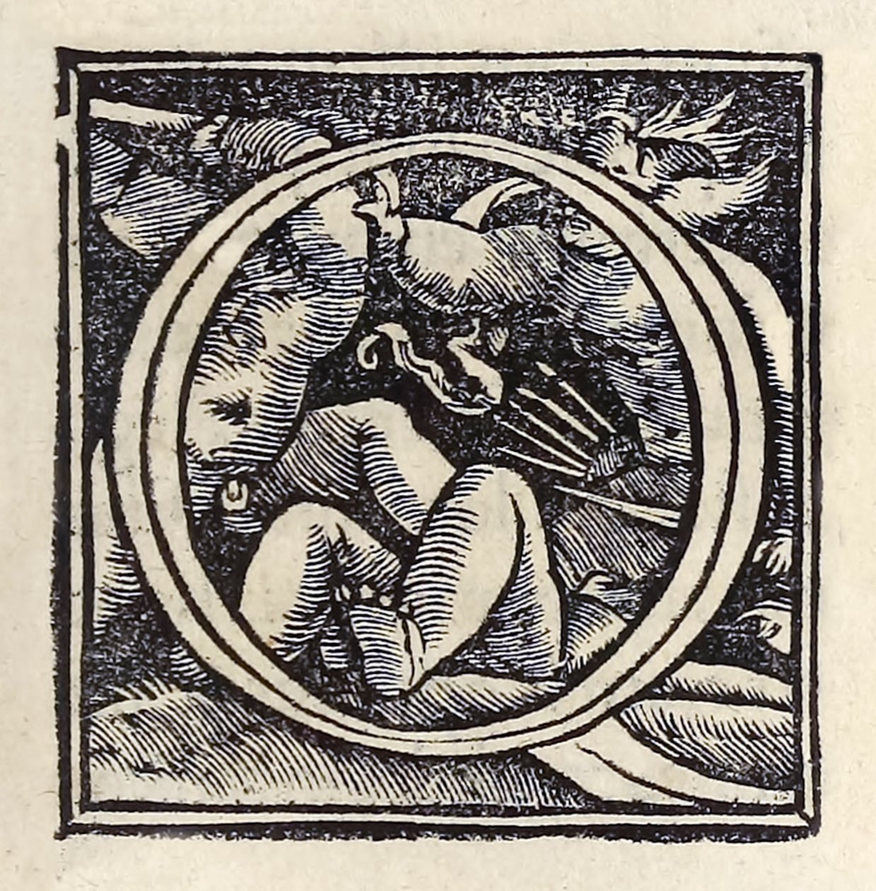 托马斯·莫尔爵士（Sir Thomas More，1478-1535）于 1516 年首次出版的 1518 年巴塞尔第三版“乌托邦”中的发光“O”。小汉斯·霍尔拜因（Hans Holbein the Younger，约 1497-1543 年）的木刻版画展示了斗牛士的战斗。 作者 小汉斯·霍尔拜因
