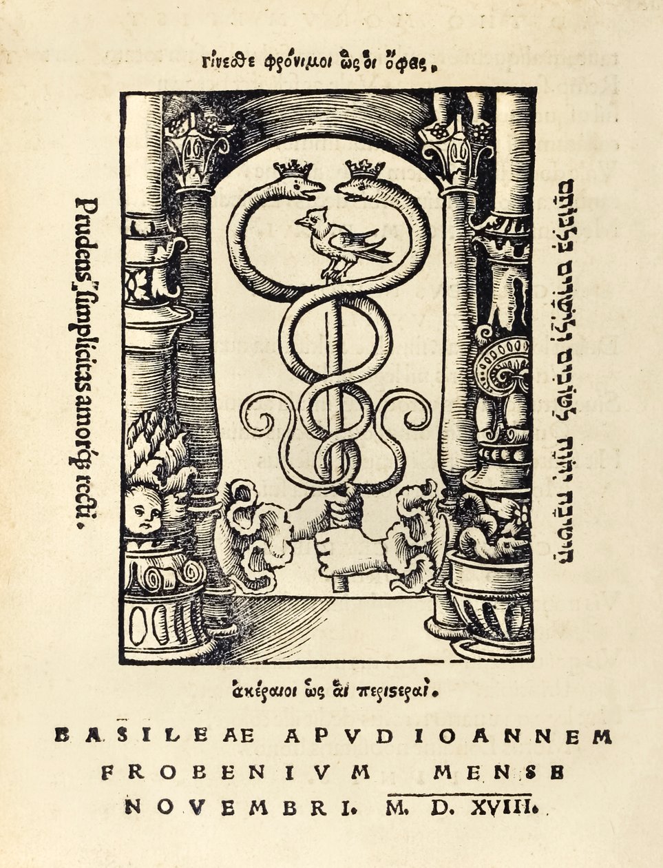 约翰-弗罗本斯（Johann Frobens）（约1460-1527）的印刷标记，显示两只手拿着卡杜斯，出自托马斯-莫尔爵士（1478-1535）于1516年首次出版的《乌托邦》的1518年第三版。小汉斯-霍尔宾（Hans Holbein the Younger，约1497-1543）的木刻作品 作者 小汉斯·霍尔拜因