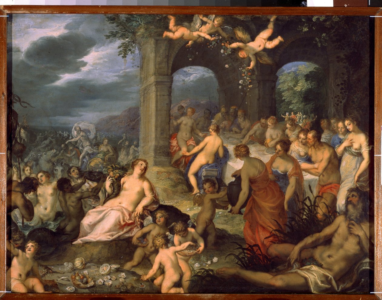 众神的盛宴，皮利和忒提斯的婚礼。左侧是神灵（tritons 和 naides）。中间是大地女神泰勒斯母神（或泰拉母神或盖亚），手持 "abon "号角。 作者 汉斯一世或约翰·罗滕汉默