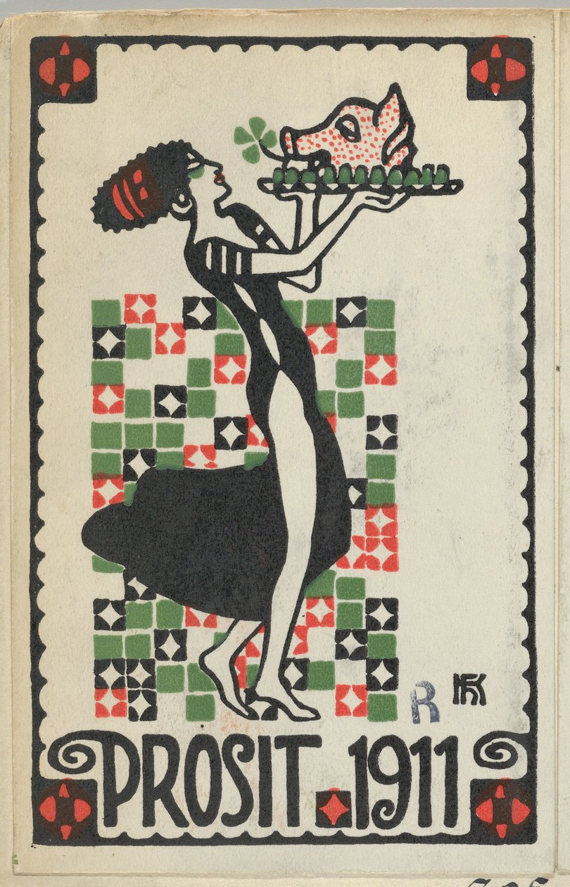 新年卡：干杯1911年Prosit，1910年。 作者 汉斯·卡尔姆施泰纳