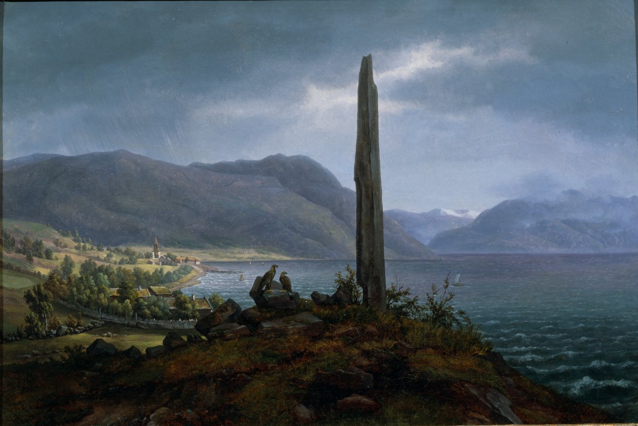 Soon 的 Balestrand 在 Leikanger 建造的弗里乔夫纪念碑（布面油画） 作者 Hans Leganger Reusch
