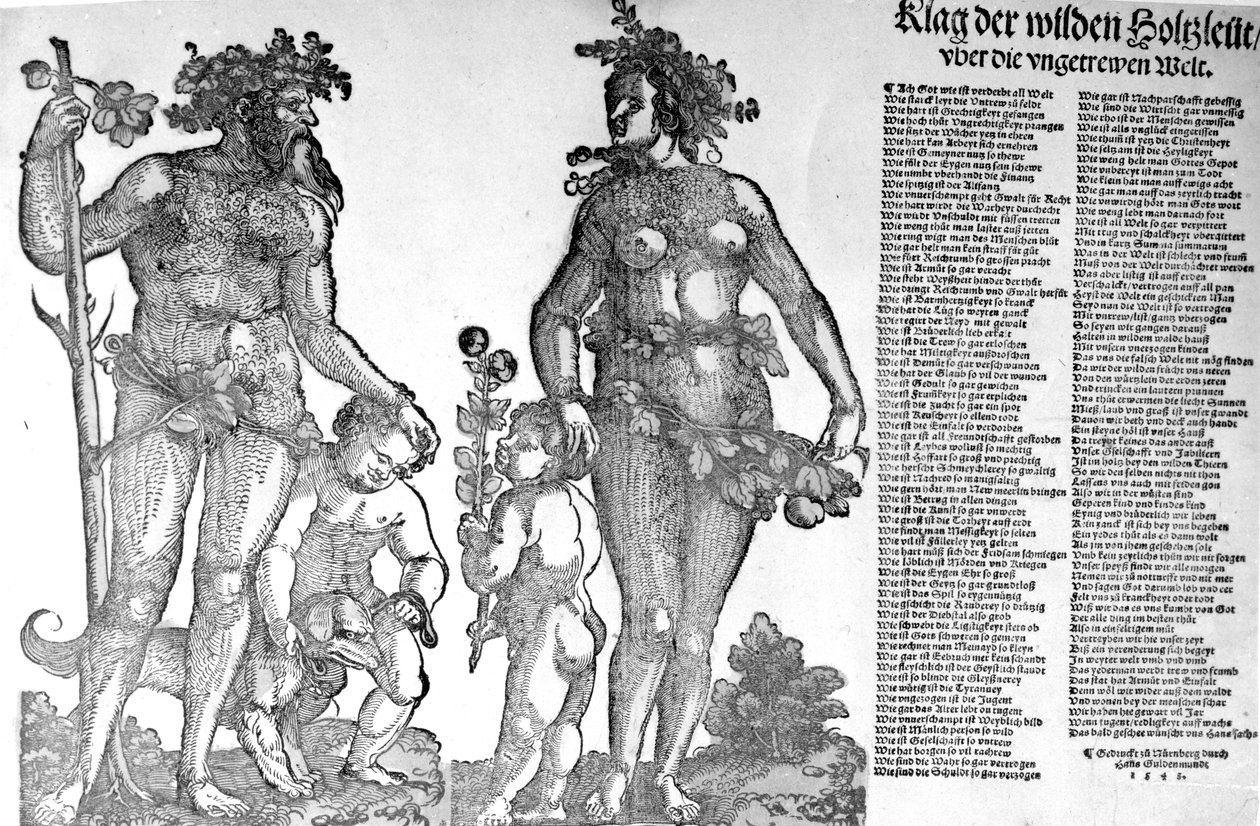 从1545年汉斯·古登蒙德（Hans Guldenmundt）制作的木刻切割出来的森林中的野人们从一个变得更糟的世界撤退 作者 汉斯·伦纳德·舍弗林