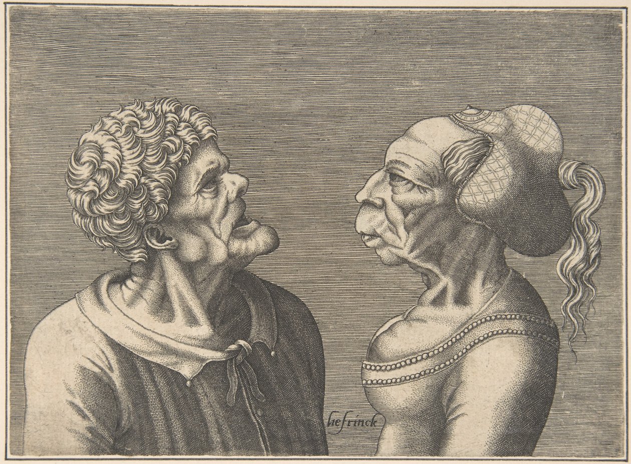两个怪诞的头像，1538-73。 作者 汉斯·利夫林克
