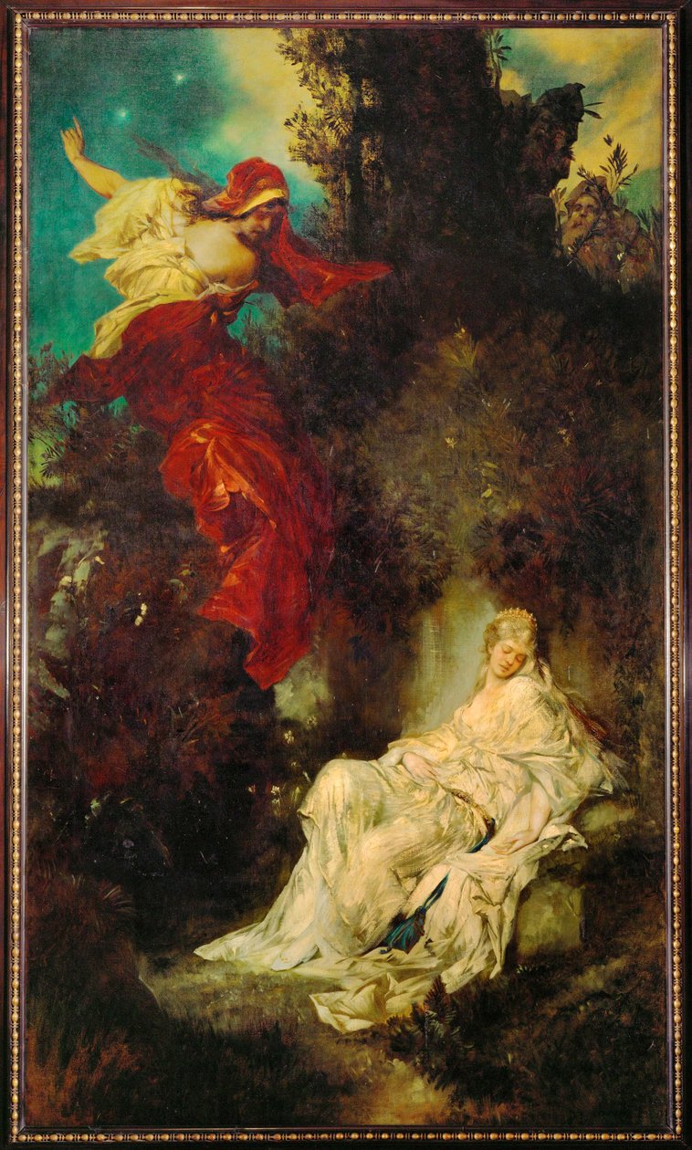 白雪公主收到毒梳子......（布面油画） 作者 汉斯·马卡特（Hans Makart）