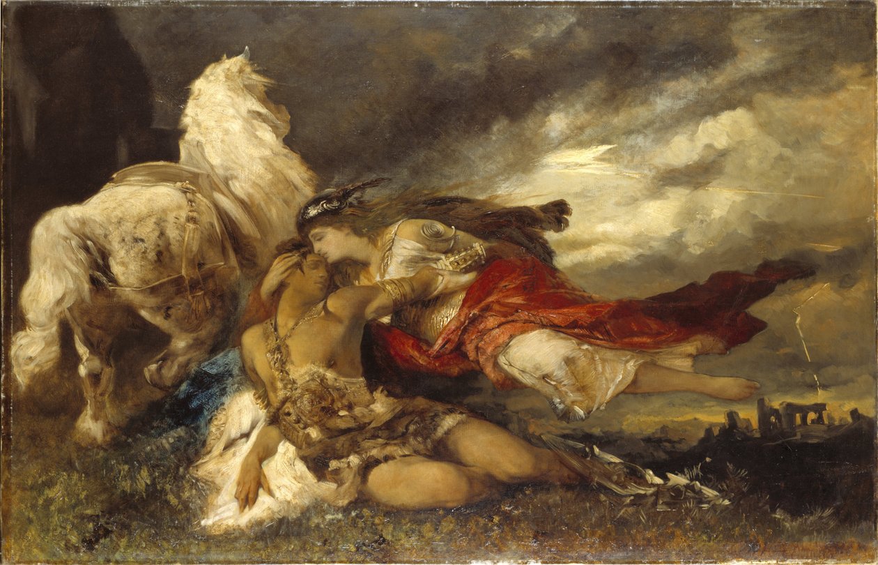 Valkyrie et un heros mourant - Valkyrie and a Dying Hero，Makart, Hans (1840-1884)。 布面油画。 尺寸：130x200 厘米。 斯德哥尔摩国家博物馆 作者 汉斯·马卡特（Hans Makart）