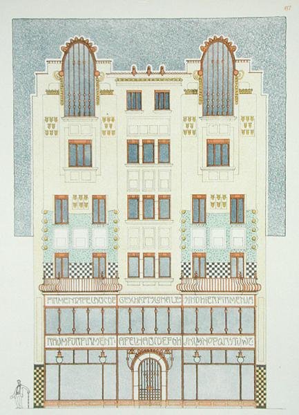 五层楼的设计，20世纪初，来自《现代建筑文件》（彩色平印）。 作者 汉斯·迈尔