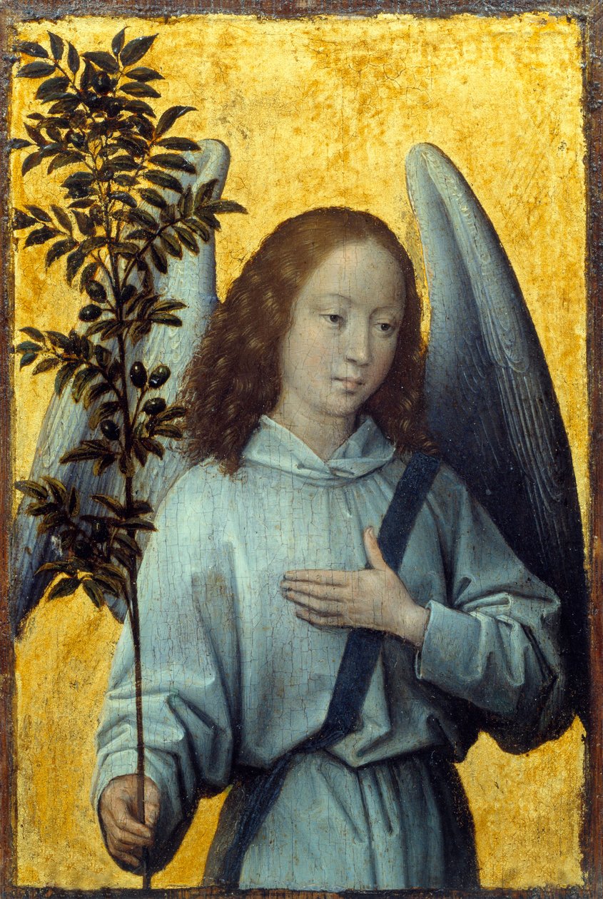 拿着橄榄枝的天使 Hans Memling (1435-1494) (ec.flam.) 15 世纪太阳作画。 1,64x1,1 m 巴黎，卢浮宫 作者 汉斯·梅姆林