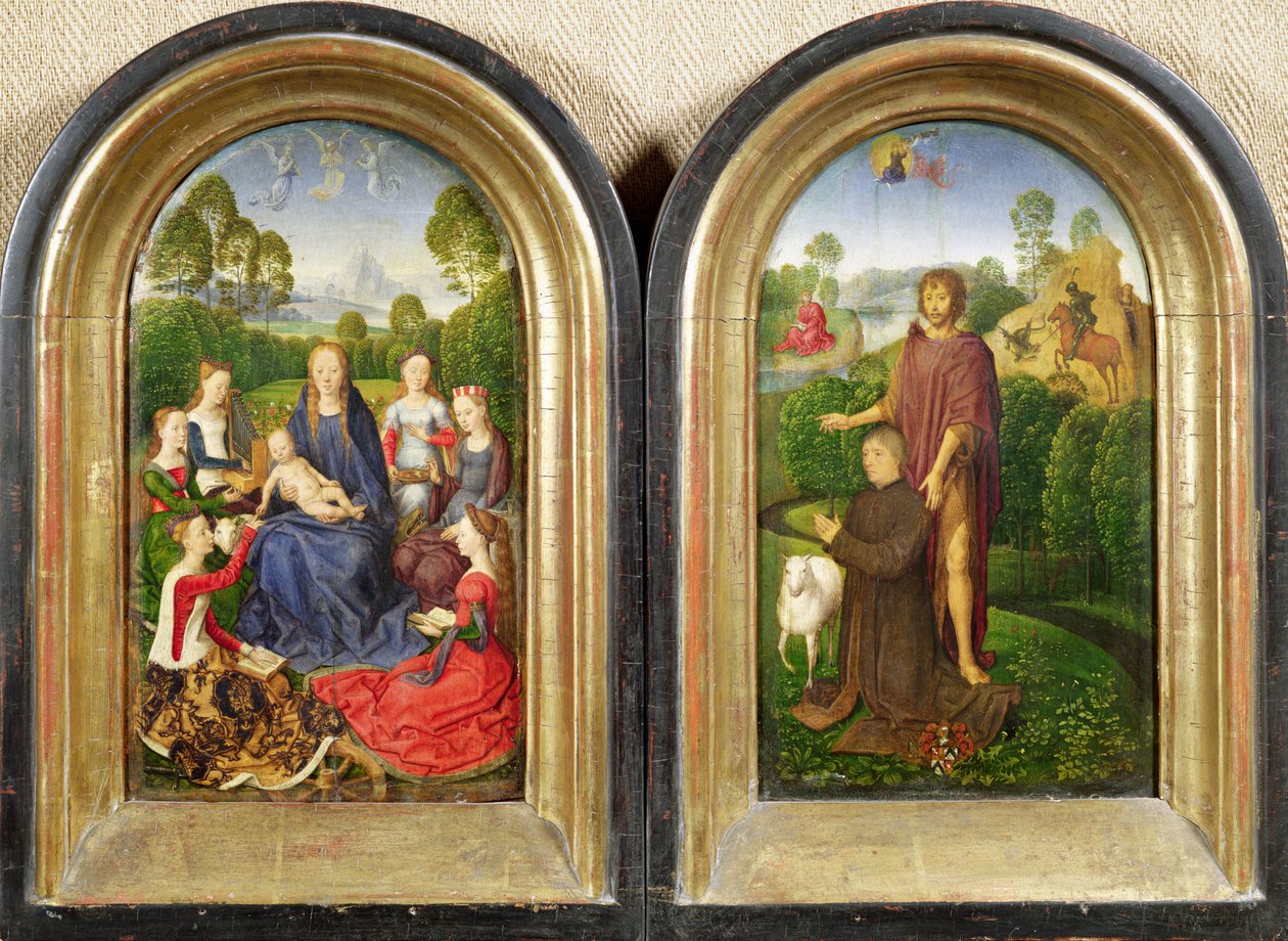 Jean du Cellier的Diptych：带圣徒的圣母子女和捐赠者由St.John the Baptiste提出，c.1490 作者 汉斯·梅姆林