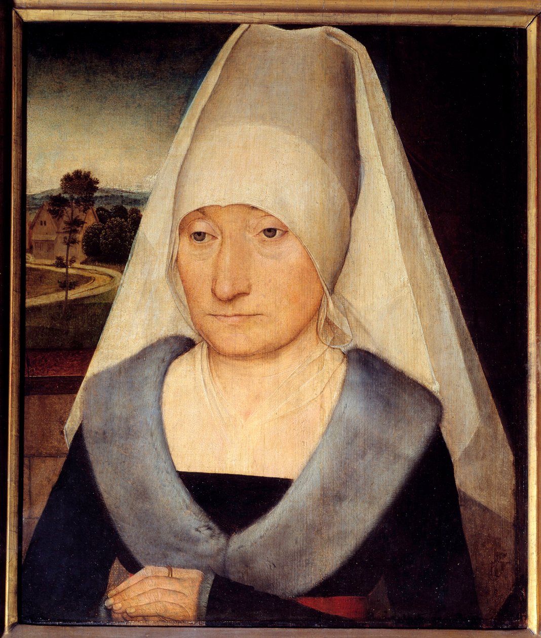Hans Memling (1435-1494) 15 世纪的画作《一位老妇人的肖像》。 0,35x0,29 m - 一位老妇人的肖像。 汉斯·梅姆林 (1435-1494) 的绘画 作者 汉斯·梅姆林