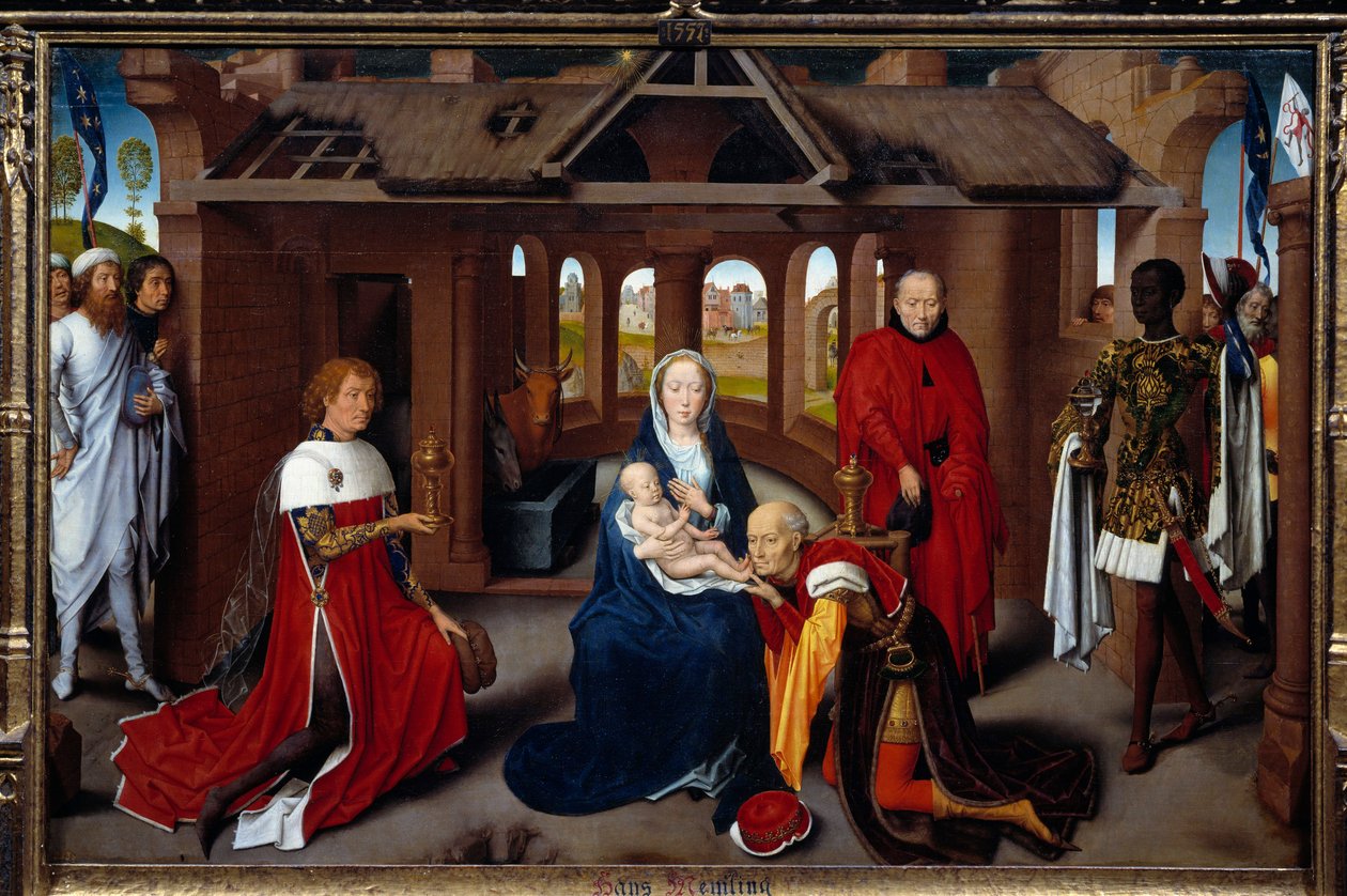 Triptych of Adoration of the Magi: central panel. The mages are like Charles the Temeraire and Philip the Good. Detrempe on wood by Hans Memling (1433-1494). circa 1470, Sun. 0,95x1,45 m Madrid. Musee du Prado. - Triptych of the Adoration of the Magi: cent 作者 汉斯·梅姆林