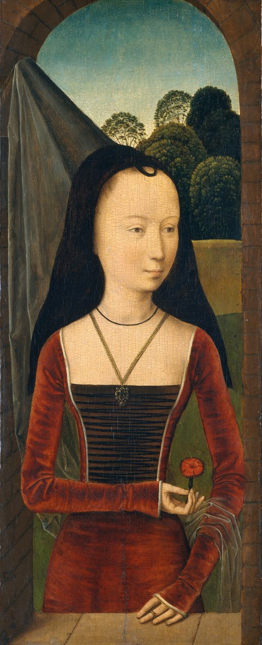 有桃红色的少妇，加州。 1485-90。 作者 汉斯·梅姆林