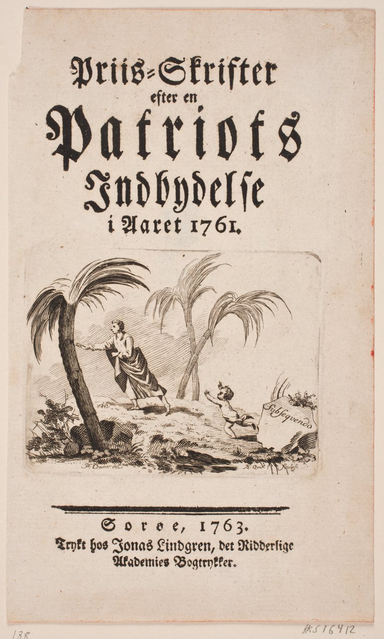 带 "Priis-Skrifter efter en Patriots Indbydelse i Aaret 1761 "小插图的扉页 作者 汉斯奎斯特