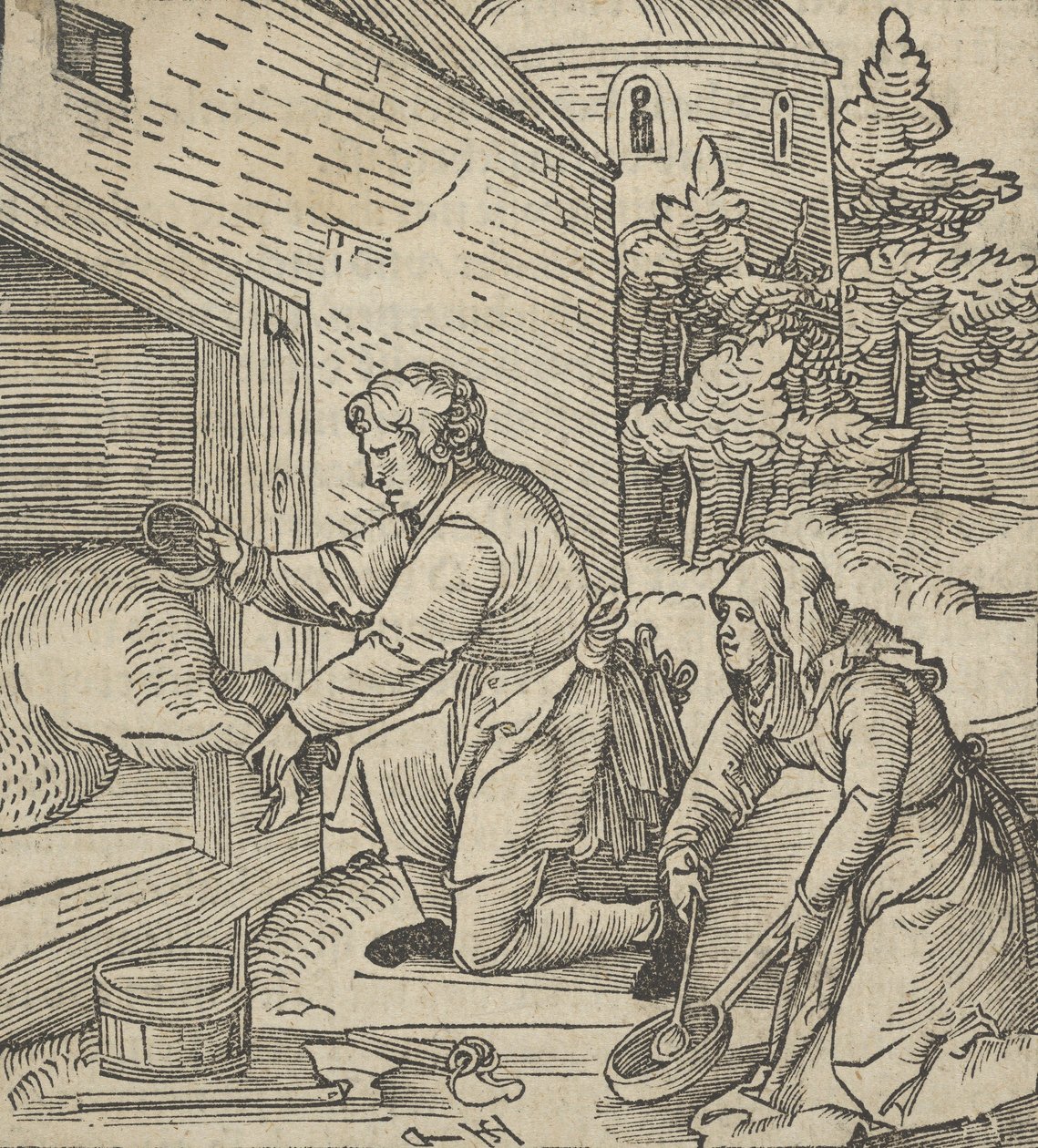 一个农民在宰杀一头猪，来自Hymmelwagen auff dem, wer wol lebt...，1517年。 作者 Hans Schäufelein the Elder