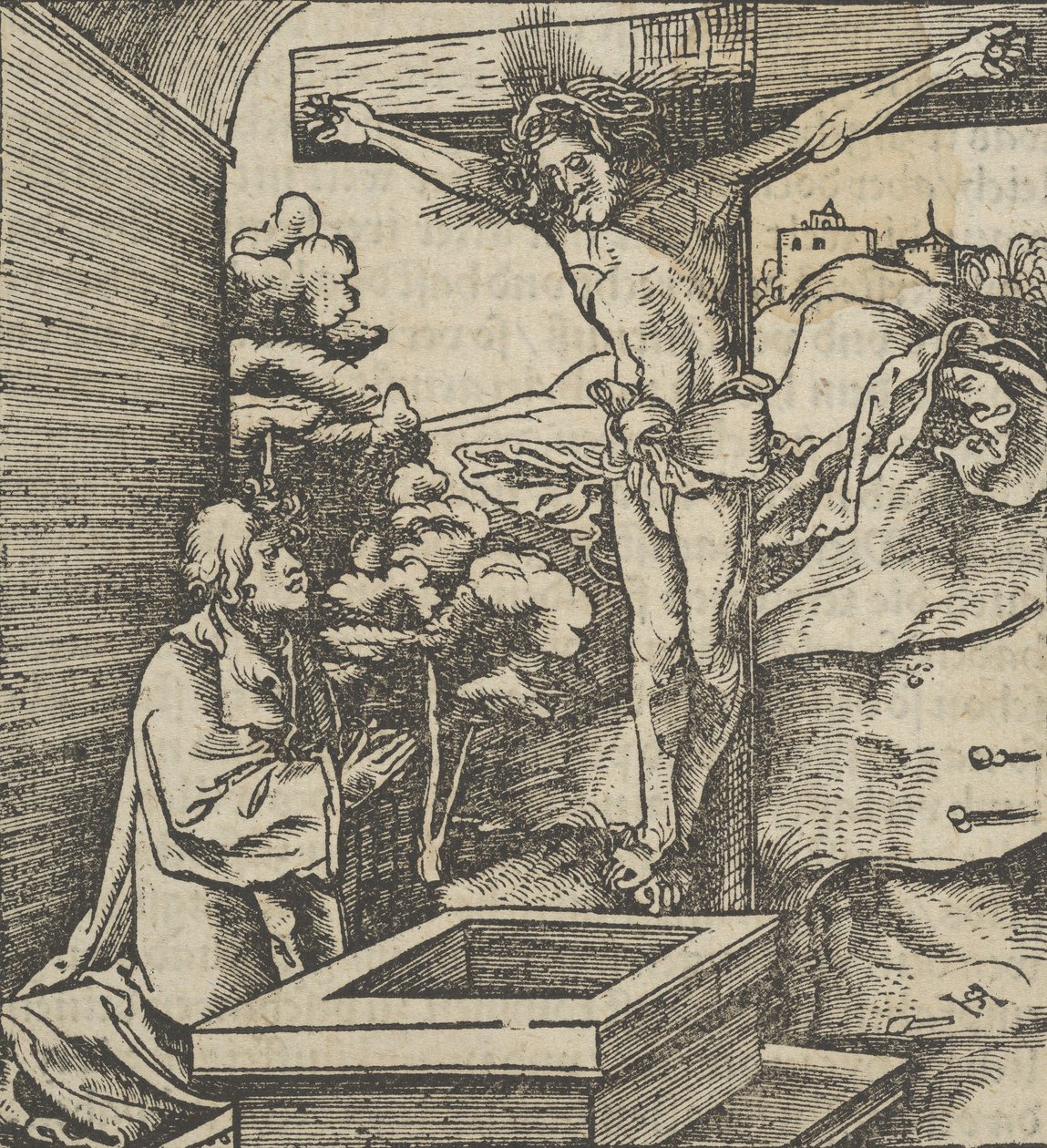 一个在十字架前祈祷的人，来自《Hymmelwagen auff dem, wer wol lebt...》，1517年。 作者 Hans Schäufelein the Elder