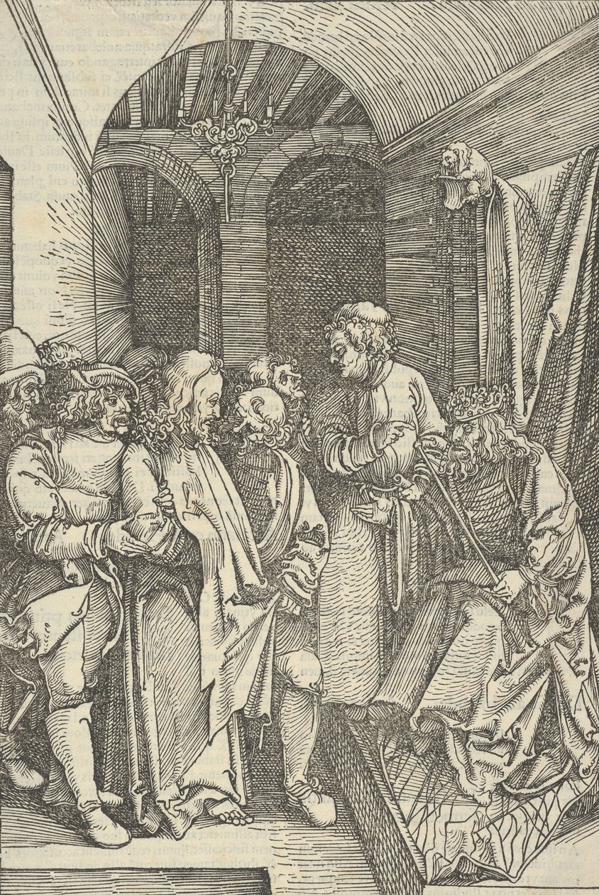 基督在大厅的希律面前，来自Speculum passionis domini nostri Ihesu Christi，1507年。 作者 Hans Schäufelein the Elder