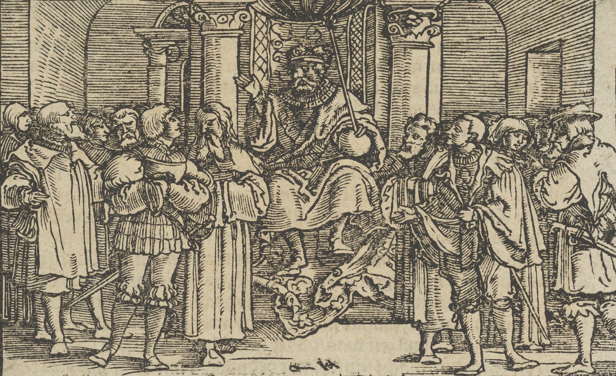 雅典和科林斯的代表在斯巴达国王阿基达马斯的法庭上，从...，1533年。 作者 Hans Schäufelein the Elder