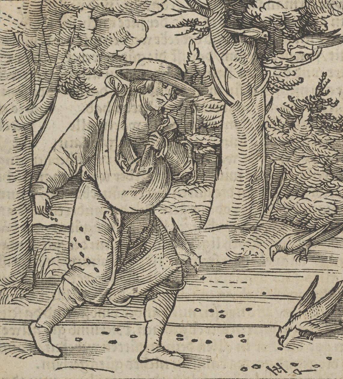 鸟儿在吃播种者的种子，来自《Hymmelwagen auff dem, wer wol lebt...》，1517年。 作者 Hans Schäufelein the Elder
