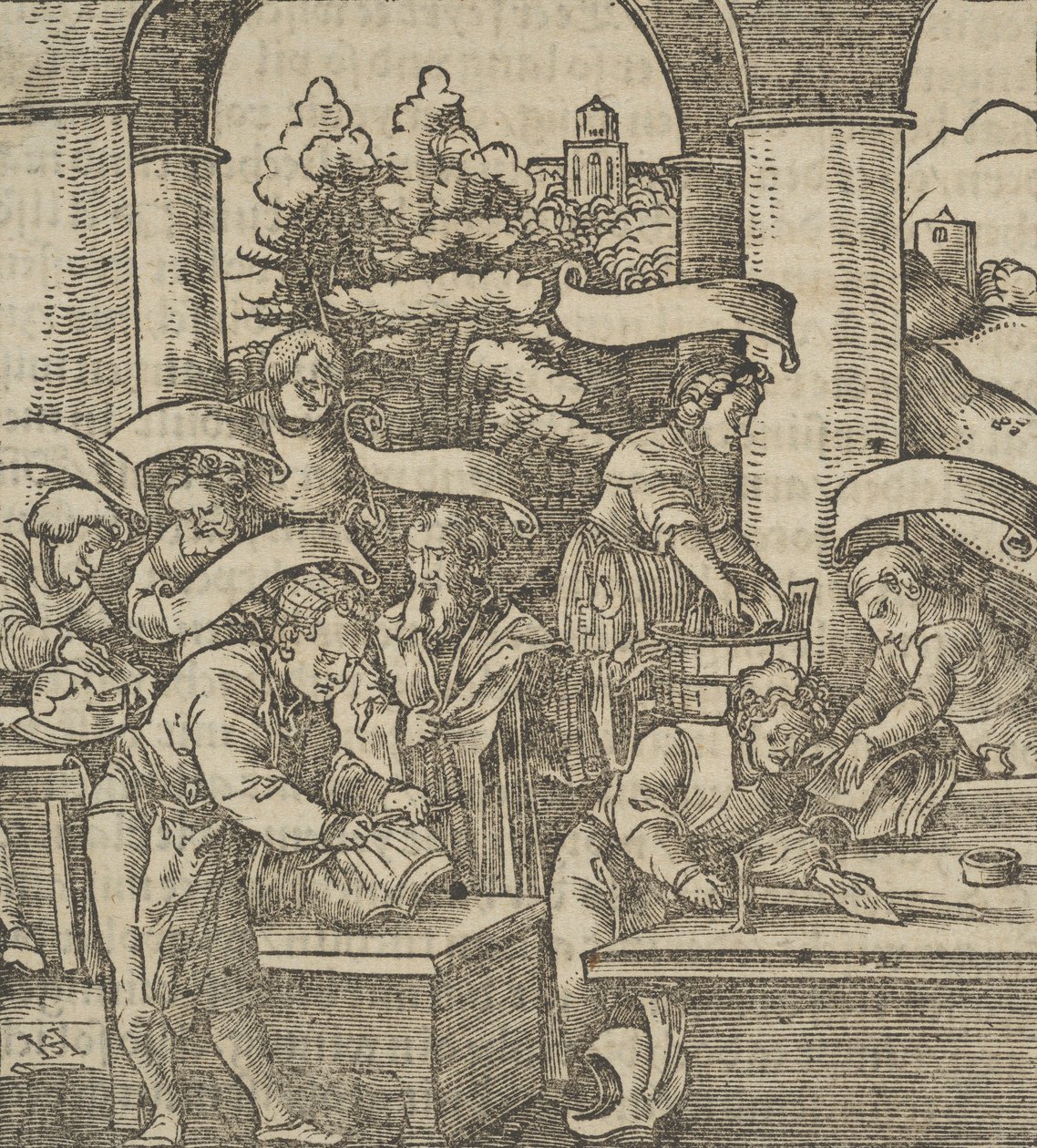 盔甲的制作，来自Hymmelwagen auff dem, wer wol lebt...，1517。 作者 Hans Schäufelein the Elder
