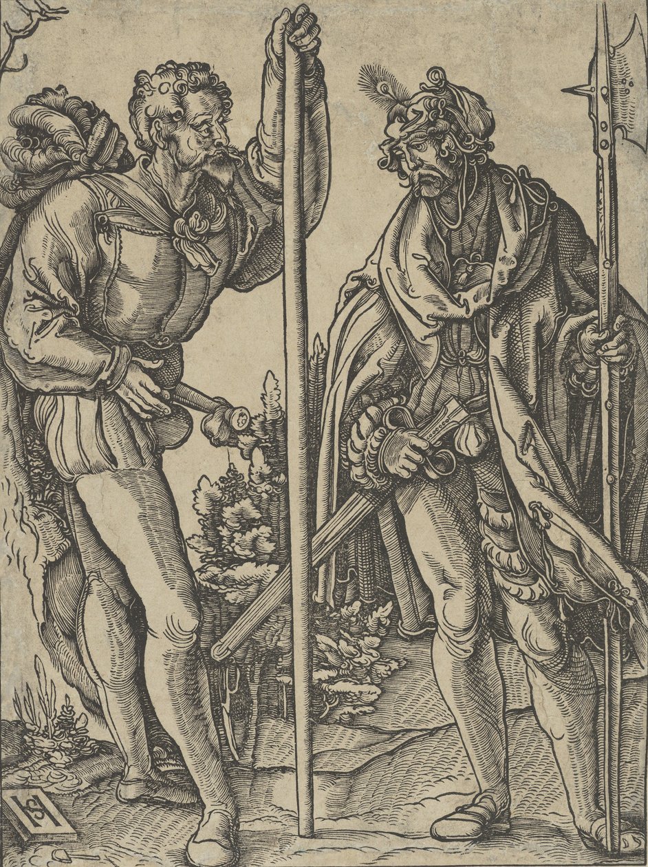 两名手持长矛和戟的士兵在交谈，约1515年。 作者 Hans Schäufelein the Elder