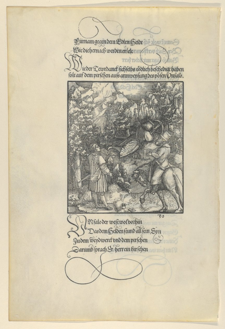 导致Theuerdanck在狩猎中落入陷阱的Unfalo，来自Theuerdanck，1517年。 作者 Hans Schäufelein the Elder