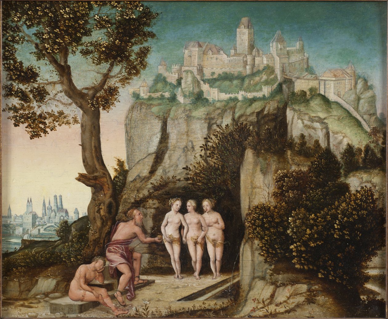 Le jugement de Paris - 巴黎的审判，由Schoepfer, Hans, the Elder (1505-1570)创作。木材上的油彩。尺寸：32x41厘米。斯德哥尔摩国家博物馆 作者 汉斯·肖普弗（Hans Schoepfer）