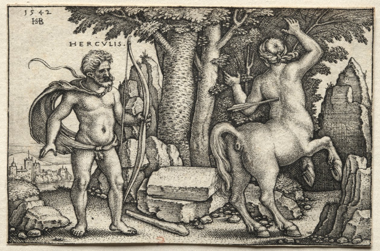 大力神的作品：大力神射杀Nessus，1542年。 作者 汉斯·塞巴尔德·贝汉姆