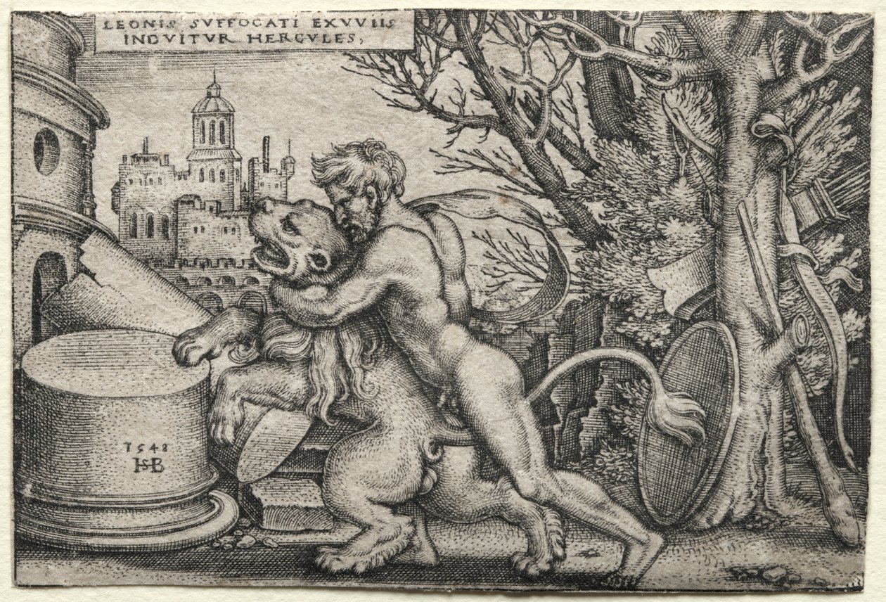 大力神的作品：大力神扼死尼米狮，1548年。 作者 汉斯·塞巴尔德·贝汉姆