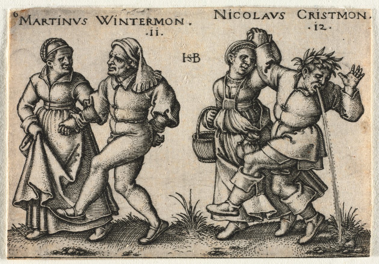 农民婚礼或十二个月：1546年，马丁·马蒂努斯·温特蒙（Martinus Wintermon）十二岁-尼古拉·克里斯蒂蒙（Nicolaus Cristmon），十二岁。 作者 汉斯·塞巴尔德·贝汉姆