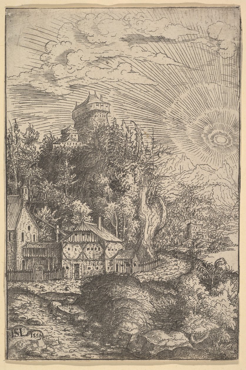 与在岩石栖息的城堡的风景，1553年。 作者 汉斯·塞巴尔德·劳滕萨克